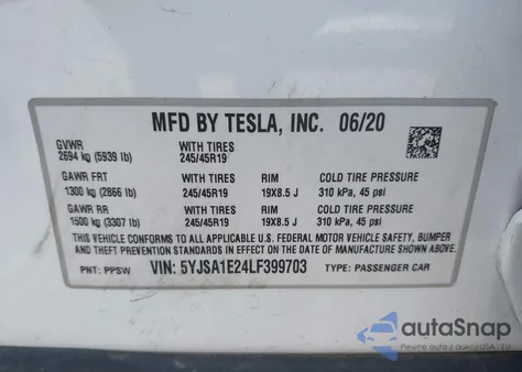 2020 Tesla Model S Long Range Dual Motor All-Wheel Drive/Long Range Plus Dual Motor All-Wheel Drive from USA, damaged, VIN 5YJSA1E24LF399703